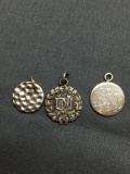 Lot of Three Round Sterling Silver Charms, One High Polished Engravable, Signet & Hammered Finished