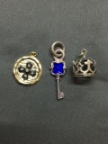 Lot of Three Sterling Silver Charms, One Cross Themed, Enameled Skeleton Key & Catholic Crown