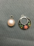 Lot of Two Sterling Silver Pendants, One Round Floral Enameled & Round Pearl Accented