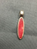 Oval Shaped 30mm Long 7mm Wide Sterling Silver High Polished Red Gemstone Inlaid Pendant