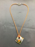 Floral Themed Square Kite Set 27mm Italian Murano Glass Pendant w/ 16in Lon Orange Nylon Cord