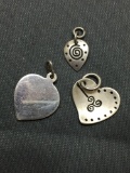 Lot of Three Various Design Small, Medium & Large Sterling Silver Heart Pendants