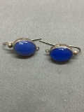 Oval 15x12mm Blue Gem Cabochon Center Pair of Sterling Silver Shepard's Hook Earrings