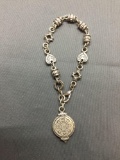 Brighton Designer Heart Motif Engraved Silver-Tone 7in Long Charm Bracelet
