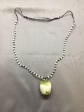 Ornate Asian Detailed Hand-Carved Round 25x27mm Green Apple Jade Pendant w/ Jade Beaded Adjustable