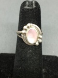 Bead Ball Decorated Oval 8x6mm Pink Mother of Pearl Sterling Silver Ring Band