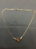 Pear Faceted 9x6mm Citrine Center w/ Six Round Diamond Accents 14kt Gold High Polished Italian Made