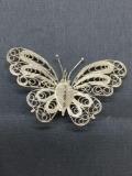 Ornate Filigree Lace Decorated 52mm Long 32mm Wide Sterling Silver Butterfly Brooch