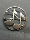 Beau Designer Round Bush & High Polished 35mm Diameter Sterling Silver Music Note Brooch