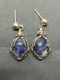 Oval 15x10mm Sodalite Gem Center Hand-Crafted Sterling Silver Wire-Wrapped Pair of Earrings