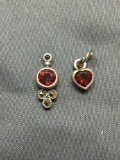 Lot of Two Sterling Silver Charms, One Round Faceted Garnet & One Heart Faceted Garnet