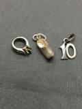 Lot of Three Sterling Silver Charms, One Dutch Clog, One Engagement Ring & One 10