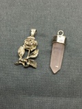 Lot of Two Sterling Silver Pendants, One Rose Quartz Crystal Faceted & One Rosebud Motif