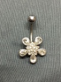 Round & Pear Faceted CZ Featured 15mm Diameter Flower Sterling Silver Belly Button Jewelry