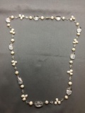 Hand-Strung Sterling Silver 32in Long Necklace w/ Freshwater Pearl & Tumbled Rock Crystal Beads