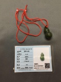 High Polished Asian Inspired Hand-Carved 35x17mm Green Jade Pendant w/ Red Silk Cord & Certificate
