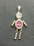 Dancing Boy Styled 25mm Tall Sterling Silver Pendant w/ Oval Faceted Pink Topaz Center & Round CZ