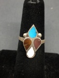 Four Teardrop Shaped Gemstone Inlaid 20mm Long 10mm Wide Sterling Silver Ring Band