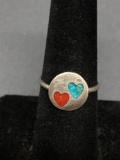 Turquoise & Red Coral Inlaid Heart Centers Round 11mm Diameter Top Sterling Silver Ring Band