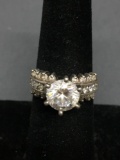 Round Faceted 8mm CZ Center w/ Triple Row Round Faceted CZ Sides Sterling Silver Engagement Ring