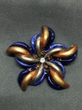 Multi-Colored Enamel Detailed Flower Blossom Motif 40mm Diameter Signed Designer Sterling Silver