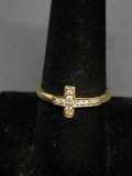 Milgrain Detailed Round Faceted CZ Featured 8.5mm Wide High Polished Gold-Tone Sterling Silver Cross