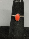 Oval 8x5mm Red Coral Cabochon Center Sterling Silver Ring Band