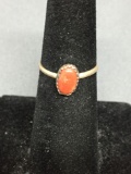 Oval 8x5mm Red Coral Cabochon Center Sterling Silver Ring Band