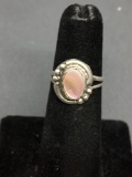 Bead Ball Decorated Oval 8x6mm Pink Mother of Pearl Sterling Silver Ring Band