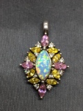 Marquise Fashioned 12x6mm Opal Cabochon Center w/ Marquise Faceted Pink & Yellow Topaz Halo 27x20mm