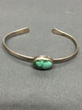 Horizontal Bezel Set 13x10mm Turquoise Center Cabochon 3mm Wide Solid Sterling Silver Cuff Bracelet