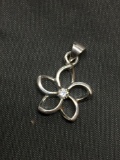 High Polished Floral Motif Round 15mm Diameter w/ Round Faceted CZ Center Sterling Silver Pendant