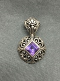 Antique Filigree Detailed 30mm Long 20mm Wide Sterling Silver Pendant w/ Kite Set 7x7mm Step Faceted