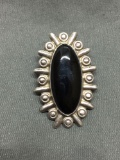 Mexican Made Signed Designer Detailed Oval 35x25mm Sterling Silver Pendant w/ Oval 27x12mm Onyx