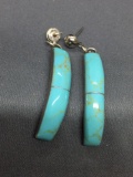 Beautiful Pair of Sterling Silver 35mm Long 7mm Wide Contoured Drop Earrings w/ Turquoise Cabochon