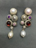 Multi-Colored Gemstone & Pearl Featured Judith Ripka Designer 50mm Long 20mm Wide Pair of Sterling