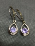 Round Faceted 5mm Amethyst Center CZ Accented Pair of Sterling Silver 25mm Long 9mm Wide Dangle