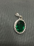 Rope Frame Detailed Oval Faceted 10x8mm Green Spinel Center Signed Designer Sterling Silver Pendant