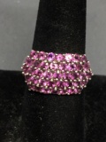 Five Rows Round Faceted Pink CZ Staggered Shared Prong Set 13mm Wide Tapered Sterling Silver Ring