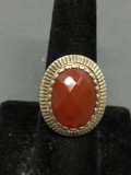 Oval Checkerboard Faceted 18x13mm Carnelian Onyx Center Detailed Sterling Silver Ring Band