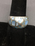 Dyed Blue Mother of Pearl Mosaic Inlay Center Domed 12mm Wide Tapered High Polished Sterling Silver