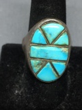 Rustic Old Pawn Native American Sterling Silver Ring Band w/ Oval 25x15mm Turquoise Mosaic Center