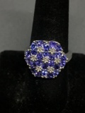 Trillion Faceted Tanzanite Gem Cluster Top w/ Diamond Accents 15mm Wide Tapered High Polished