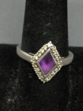 Bezel Set Diamond Shape Faceted 9x6mm Amethyst Center w/ Round CZ Halo Sterling Silver Ring Band