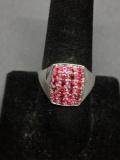 Four Rows Round Faceted Pink Sapphire Centers 15mm Wide Tapered High Polished Sterling Silver Ring