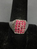 Four Rows Round Faceted Pink Sapphire Centers 15mm Wide Tapered High Polished Sterling Silver Ring