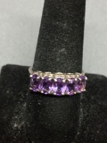 Five Oval Faceted Amethyst Centers Heart Motif 7mm Wide Tapered Sterling Silver Ring Band