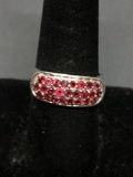 Three Row Shared Prong Set Round Faceted Pink Sapphire Centers 9mm Wide Tapered Sterling Silver Ring