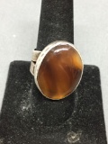 Bezel Set Oval 25x20mm Polished Agate Center Wide Band Handmade Sterling Silver Ring Band