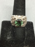Textured Engraved Design 15mm Wide Tapered Sterling Silver Ring Band w/ Round Faceted 9mm Green CZ